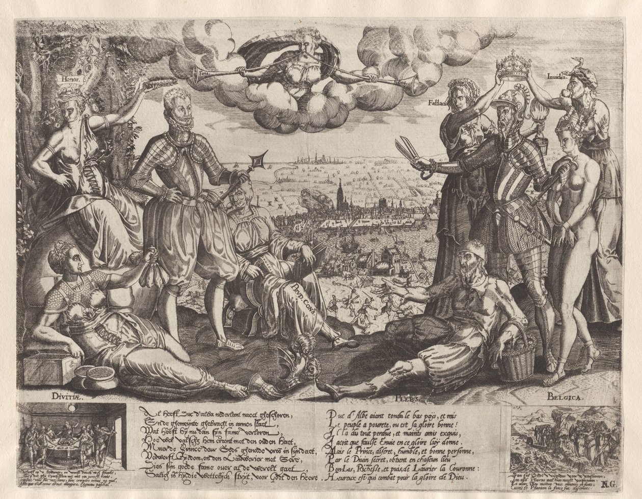 Comparison between Orange and Alva, with the Spanish Fury in the background, ca. 1577 by Theodor de Bry (attributed to)