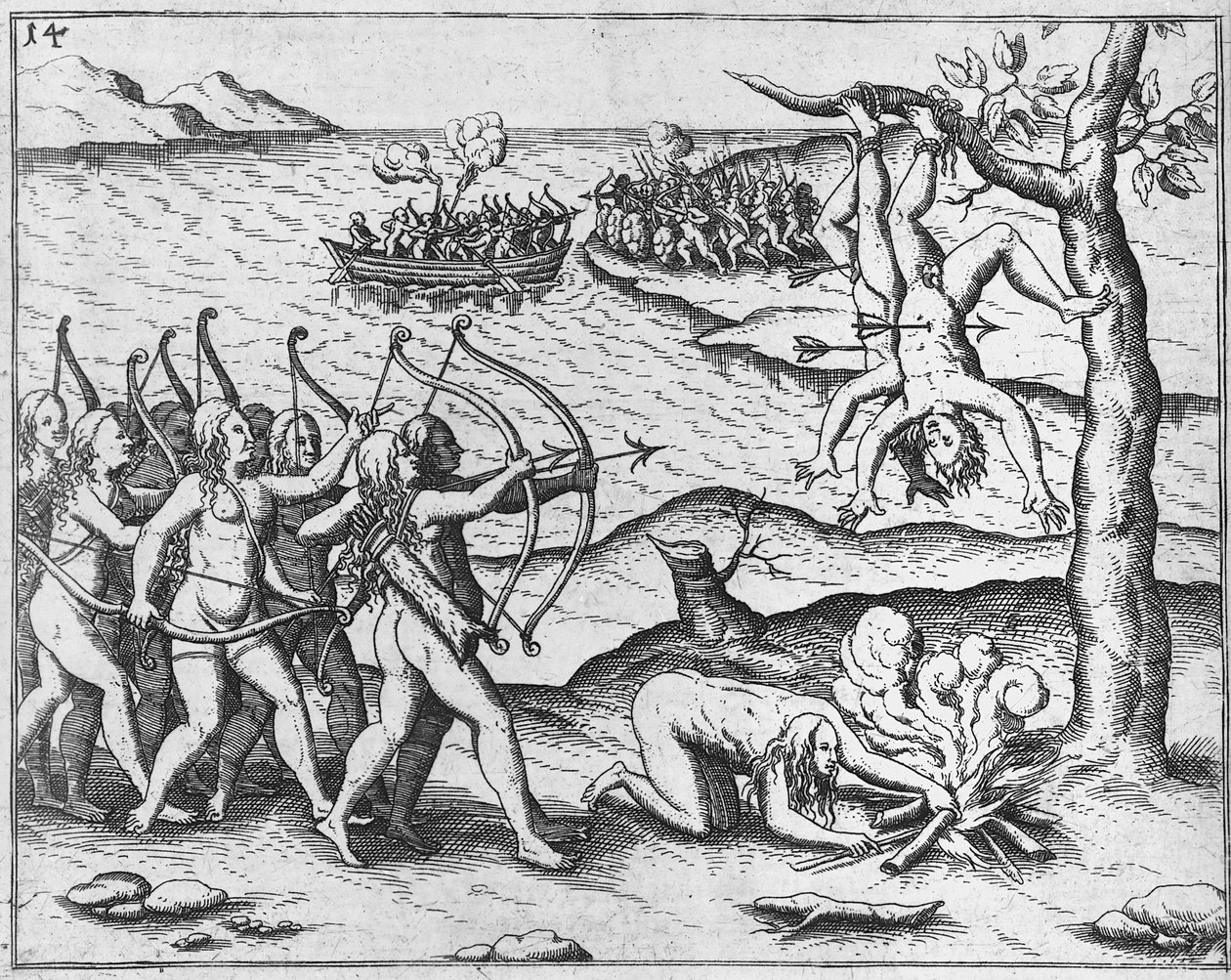 Amazon Women Attack Men Strung Up in Trees by Theodor de Bry