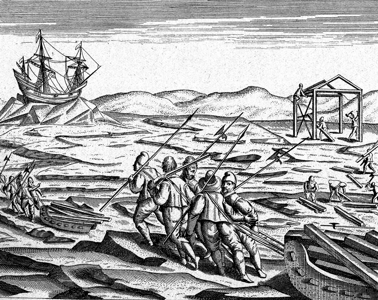 Building of a House for Winter at North Pole by Theodor de Bry