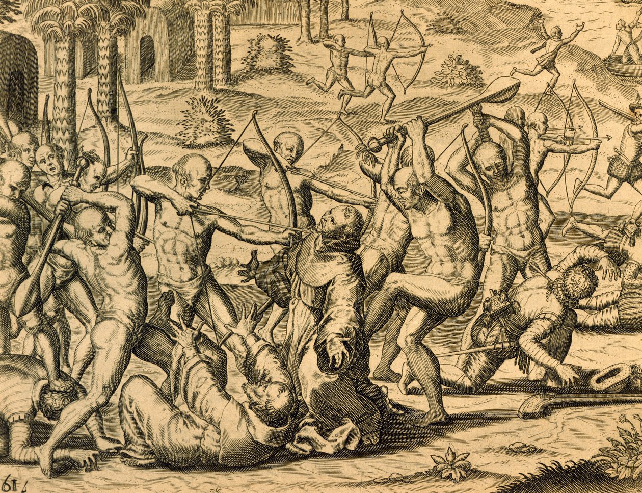 Martyrdom of Missionary Monks in South America, engraving from Historia Americae, by Theodor de Bry by Theodor de Bry