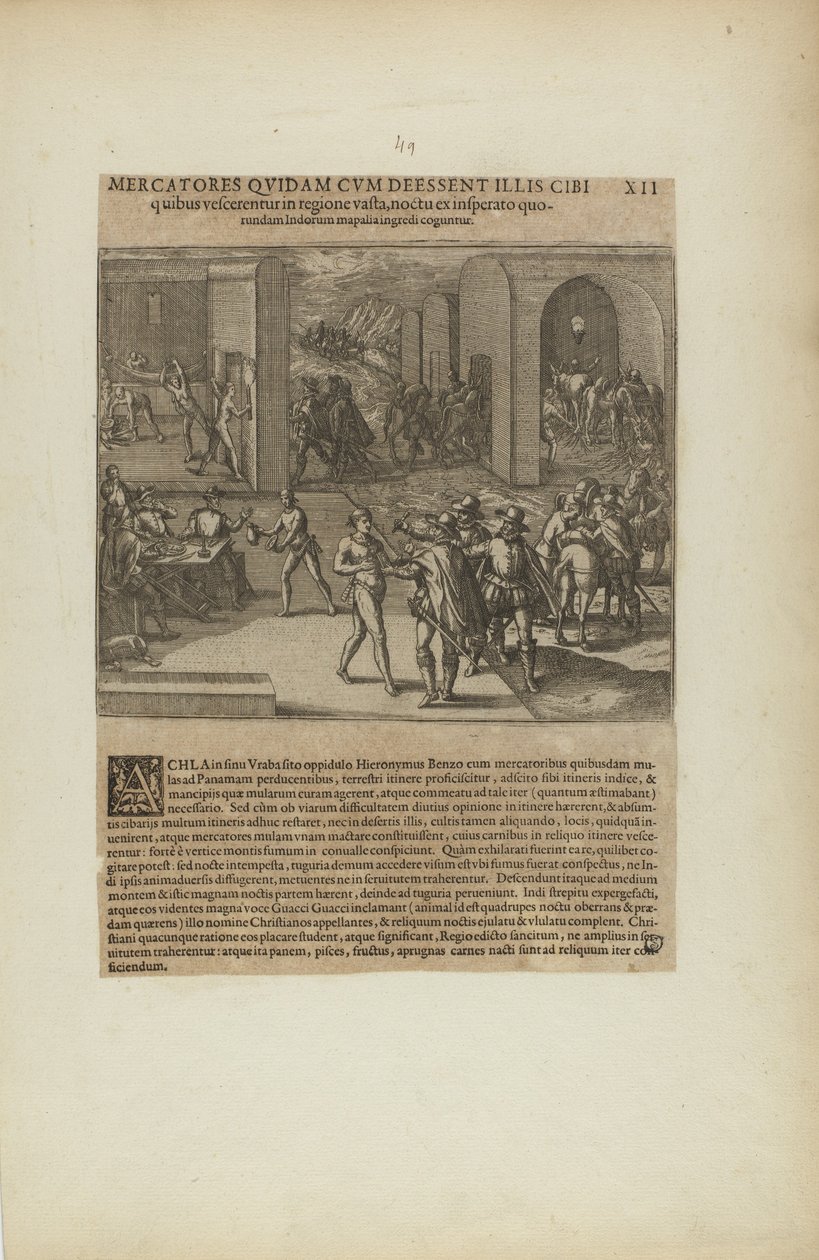 Mercatores Quidam cum Deessent Illis Cibi Quibus Vescerentur in.... (from book, Americae, part five) by Theodor de Bry