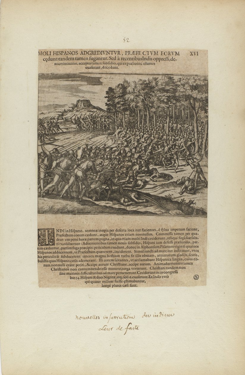 Moli Hispanos Adgrediuntur, Praefectum Eorum Cedunt: Tandeum.... (from book, Americae, part five) by Theodor de Bry