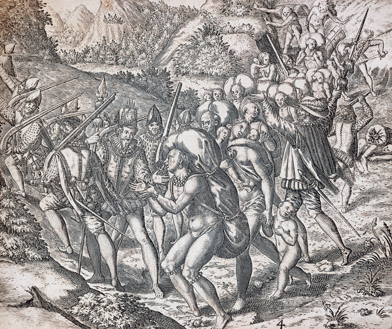 Natives being boarded onto ships to be taken to slavery in Seville, engraving by Theodor de Bry, Antilles by Theodor de Bry