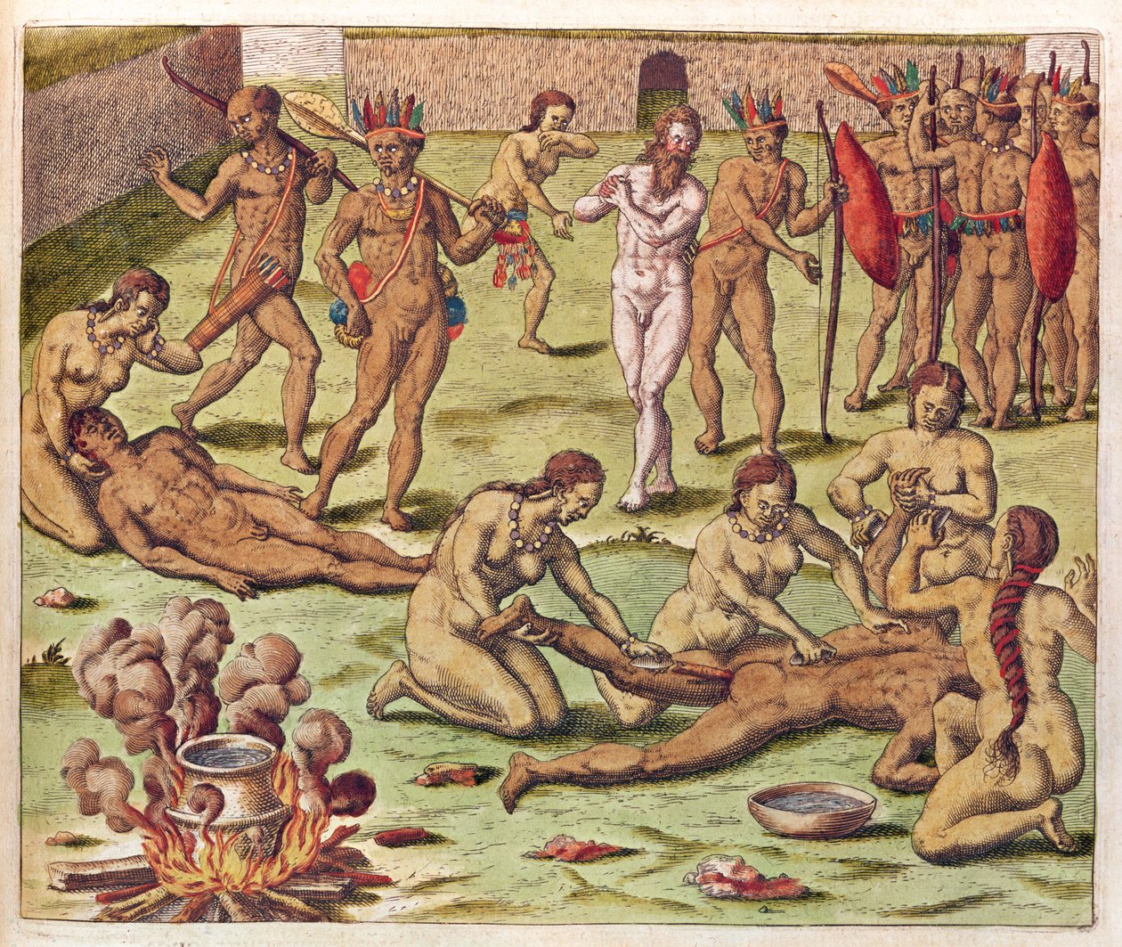 Navigatio in Brasiliam Americae, Immolation of a Barbarian (page 525), 1563 by Theodore de Bry
