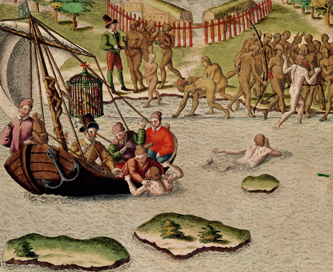 The French Vessel Lands and an Unsuccessful Attempt is Made to Exchange Prisoners, from Americae Tertia Pars, 1592 by Theodore de Bry