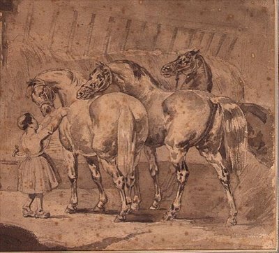 Little girl feeding horses in a stable by Theodore (attr. to) Gericault