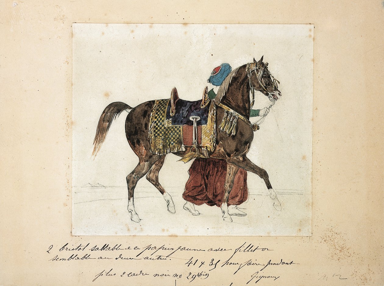 A Harnessed Horse Led by a Mameluk, Two Pyramids in the Background by Theodore Gericault
