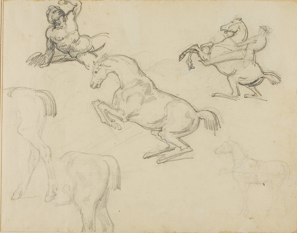 Sketches: Reclining Nude, a Horseman and Various Horses by Theodore Gericault
