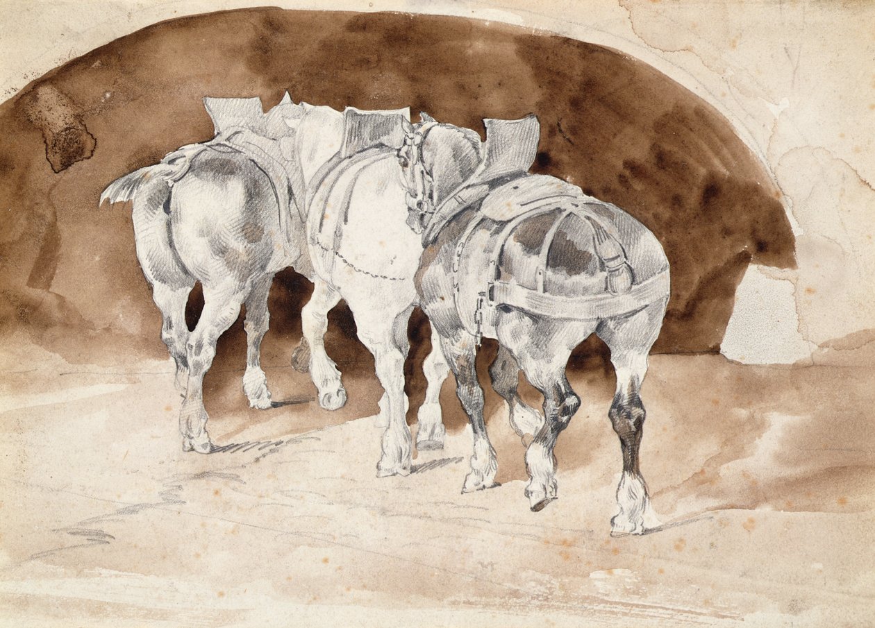 Three heavy horses in harness by Theodore Gericault