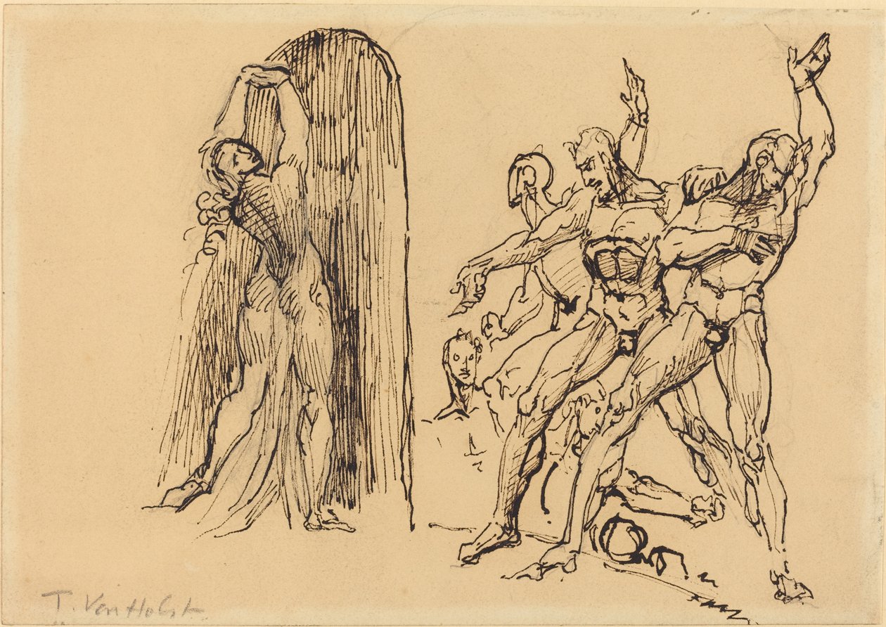 Five Male Nudes Gesticulating as a Nude Woman Enters a Portal by Theodore M. von Holst