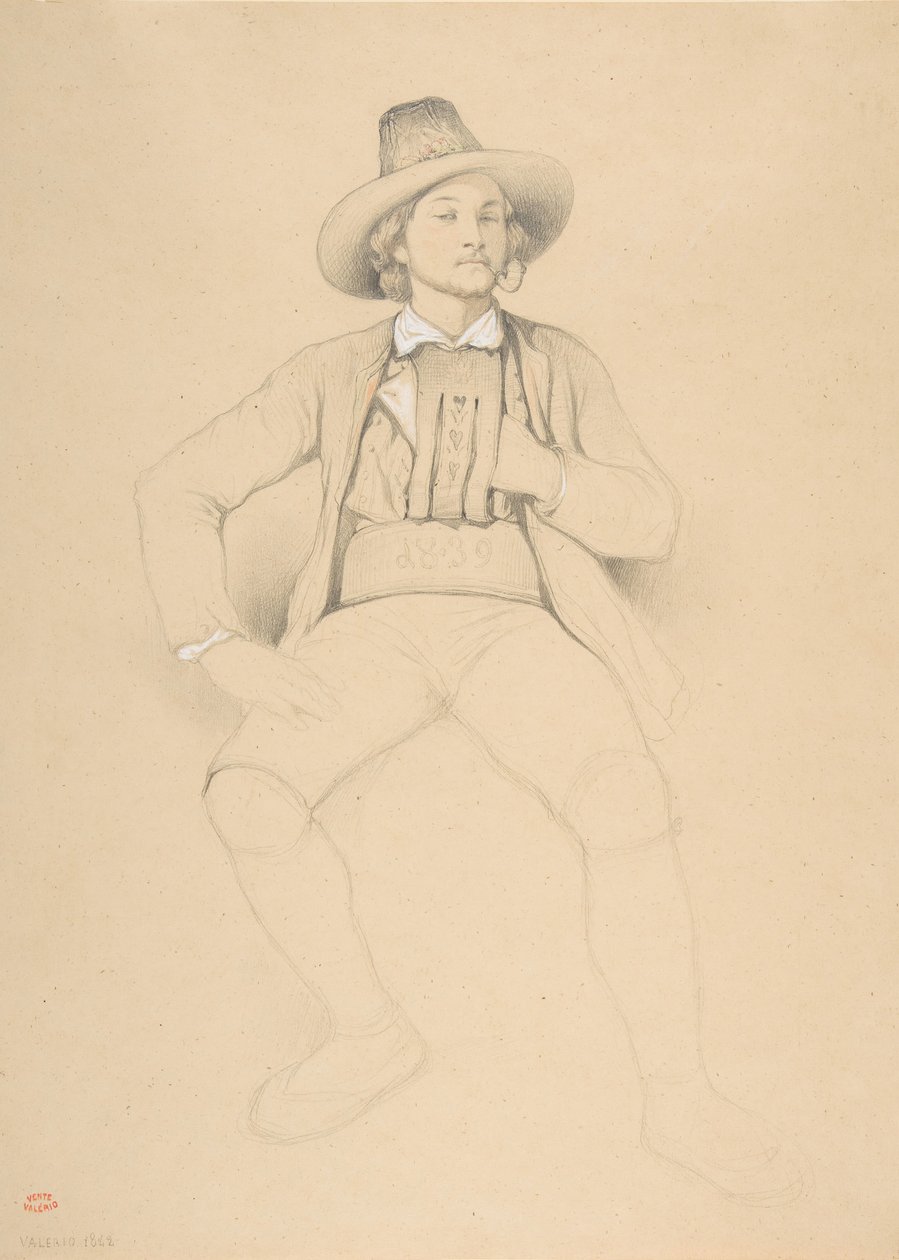 A Man in Tyrolean Costume, Seated, Smoking a Pipe by Theodore Valerio