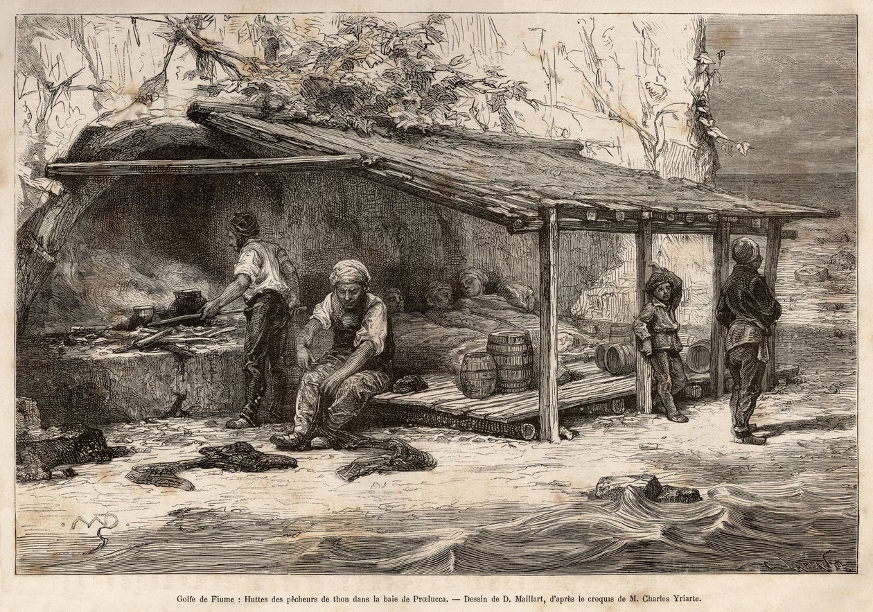 A tuna fishing lodge in the bay of Proelucca, Gulf of Fiume (or Rijeka, Istria) by Theodore Weber