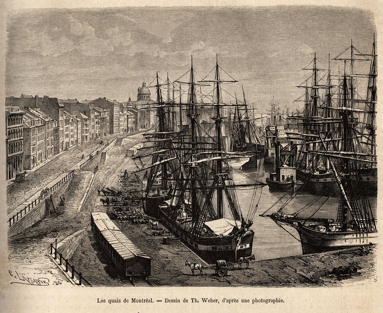 The quays of Montreal, engraving after a drawing by Th. Weber, illustrating the excursion to Canada and the Riviere Rouge du nord, by H. De Lamotte, in 1873, published in 