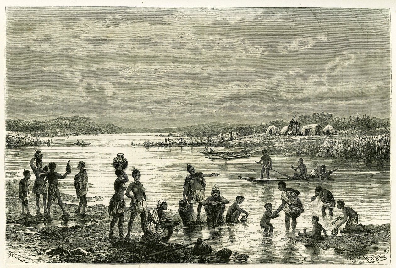 Life on the banks of the Zambeze River (engraving of Th. Weber, to illustrate the story 