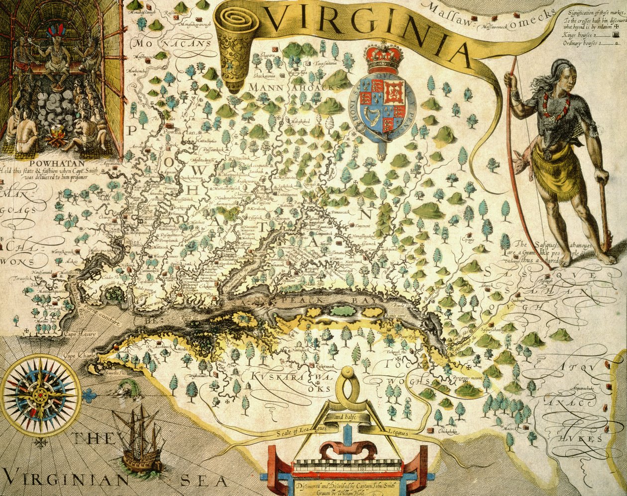 Map of Virginia, showing in upper left hand a picture of Chief Powhatan by John Smith, 1624 by Theodore de (after) Bry
