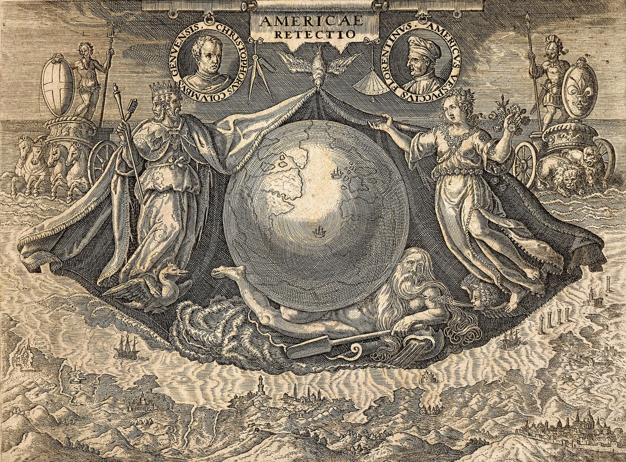 Allegory of West Indies or Americas, with Portraits of Navigators Christopher Columbus and Amerigo Vespucci by Theodore de Bry