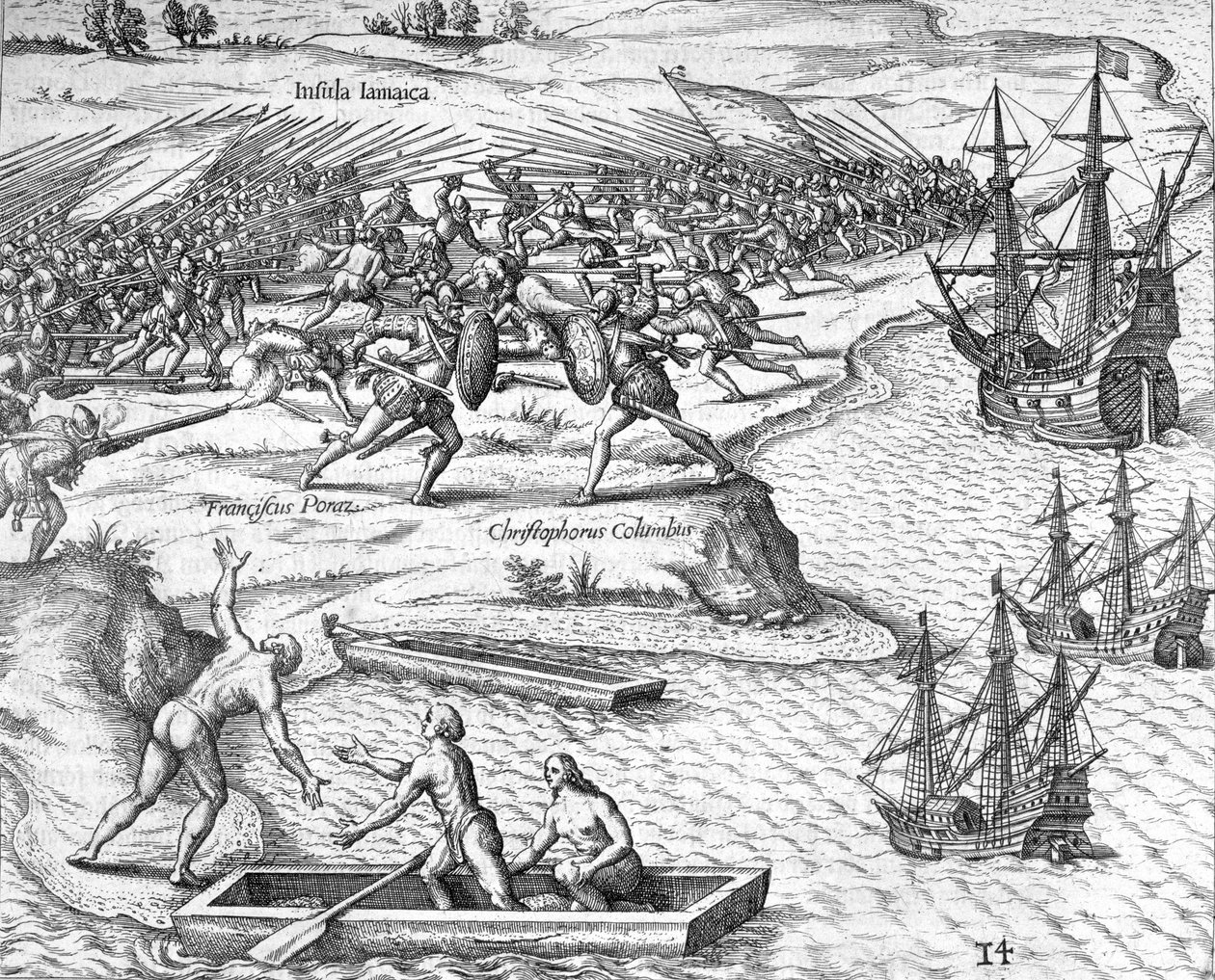 Battle in Jamaica between Christopher Columbus and Francisco Poraz, 1504 by Theodore de Bry