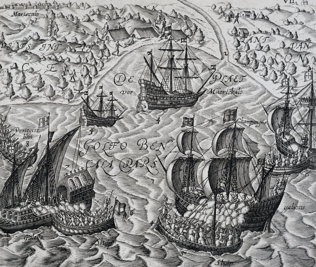 Battle in front of city of Matical in Bay of Bengal, engraving from Indiae Orientalis by Theodore de Bry