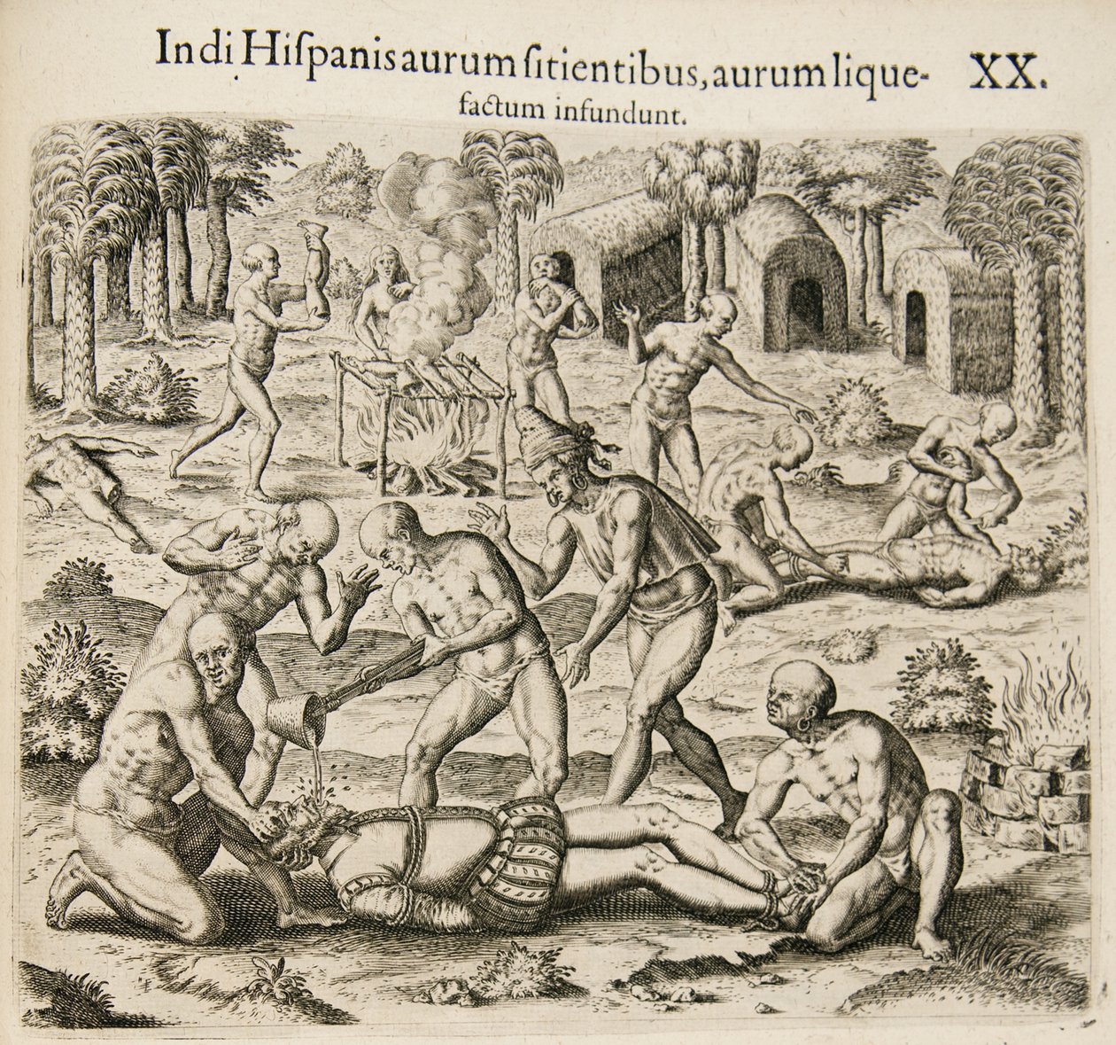 Because the Spanish thirst for gold, the Indians pour liquid gold into them. From: Americae pars qv by Theodore de Bry