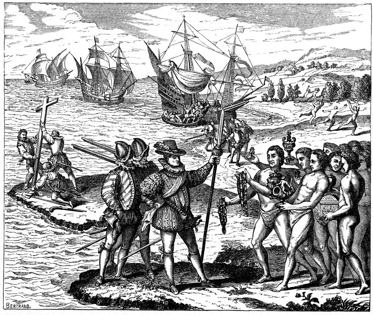 Christopher Columbus, Genoese explorer, discovering America, 12 May 1492 by Theodore de Bry