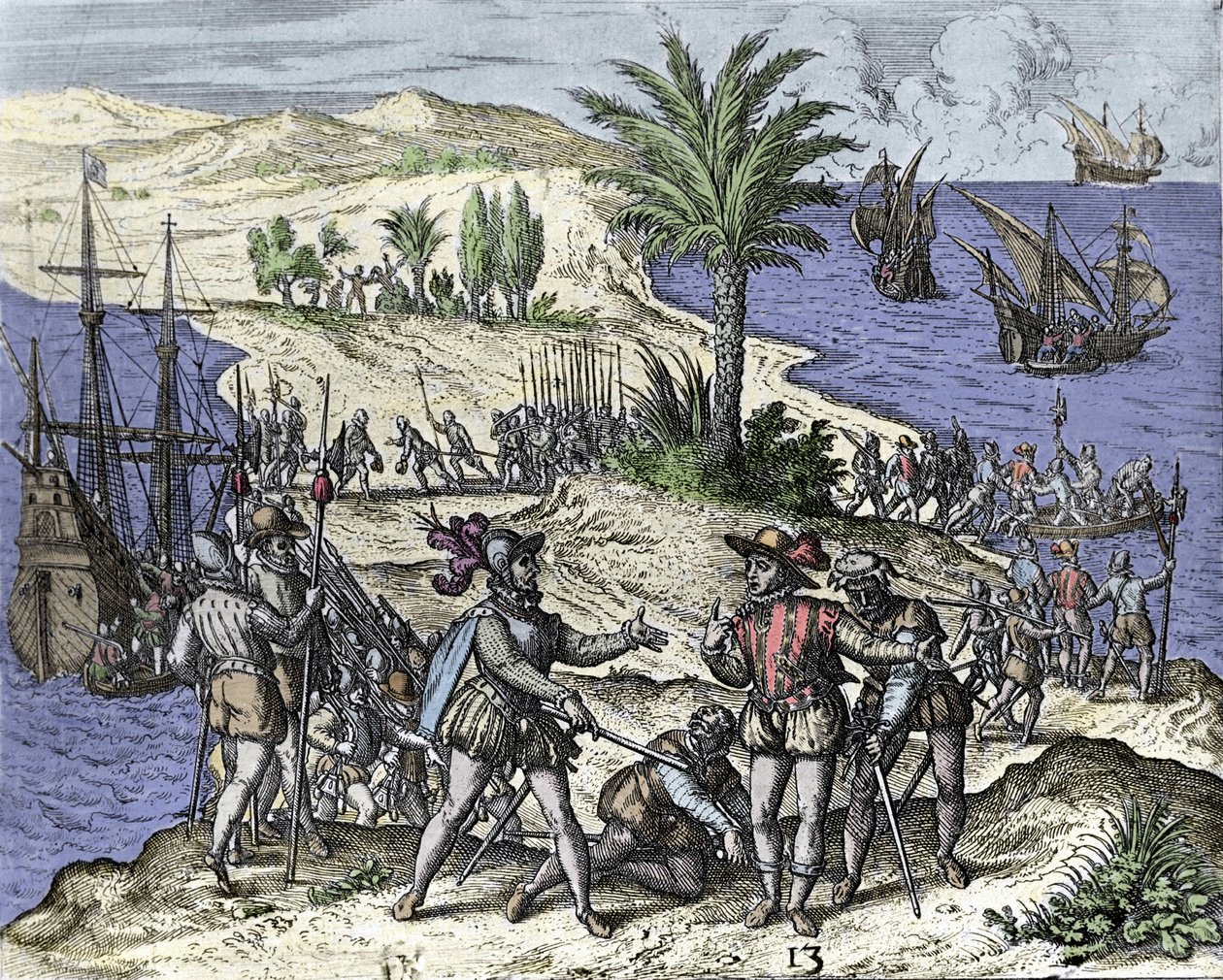 Christopher Columbus and his brother were arrested by Francisco de Bobadilla in 1500. Engraving by Théodore de Bry (1528-1598) by Theodore de Bry