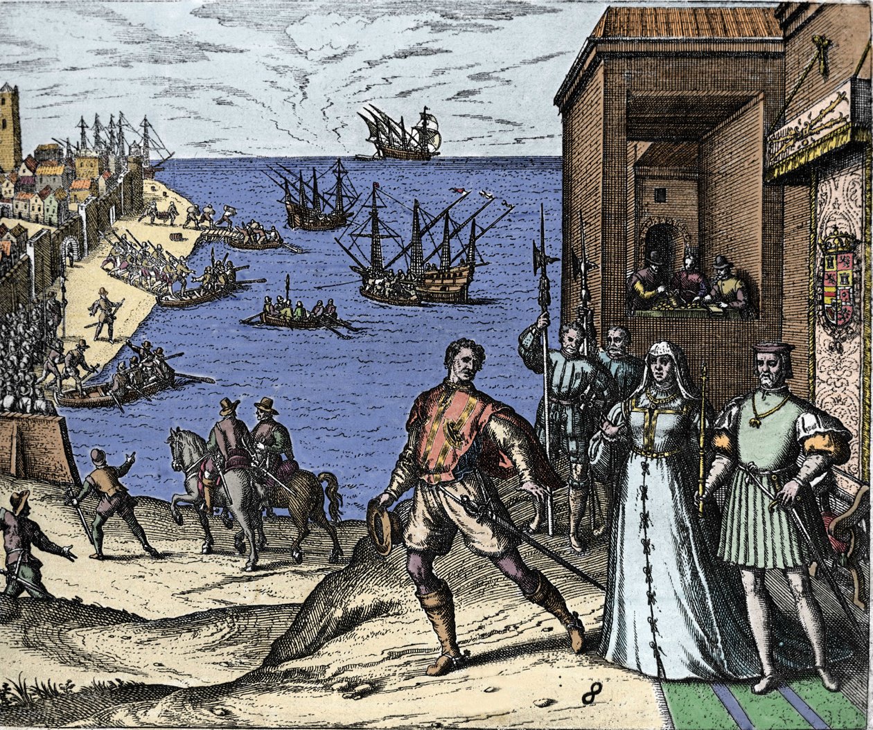 Christopher Columbus and the Pinzon brothers leaving the port of Palos in Spain on 03/08/1492 for the New World. Right The King and Queen of Portugal Catholic Ferdinand II of Aragon and Isabella I of Castile. Engraving by Theodore de Bry in Admirante by Theodore de Bry