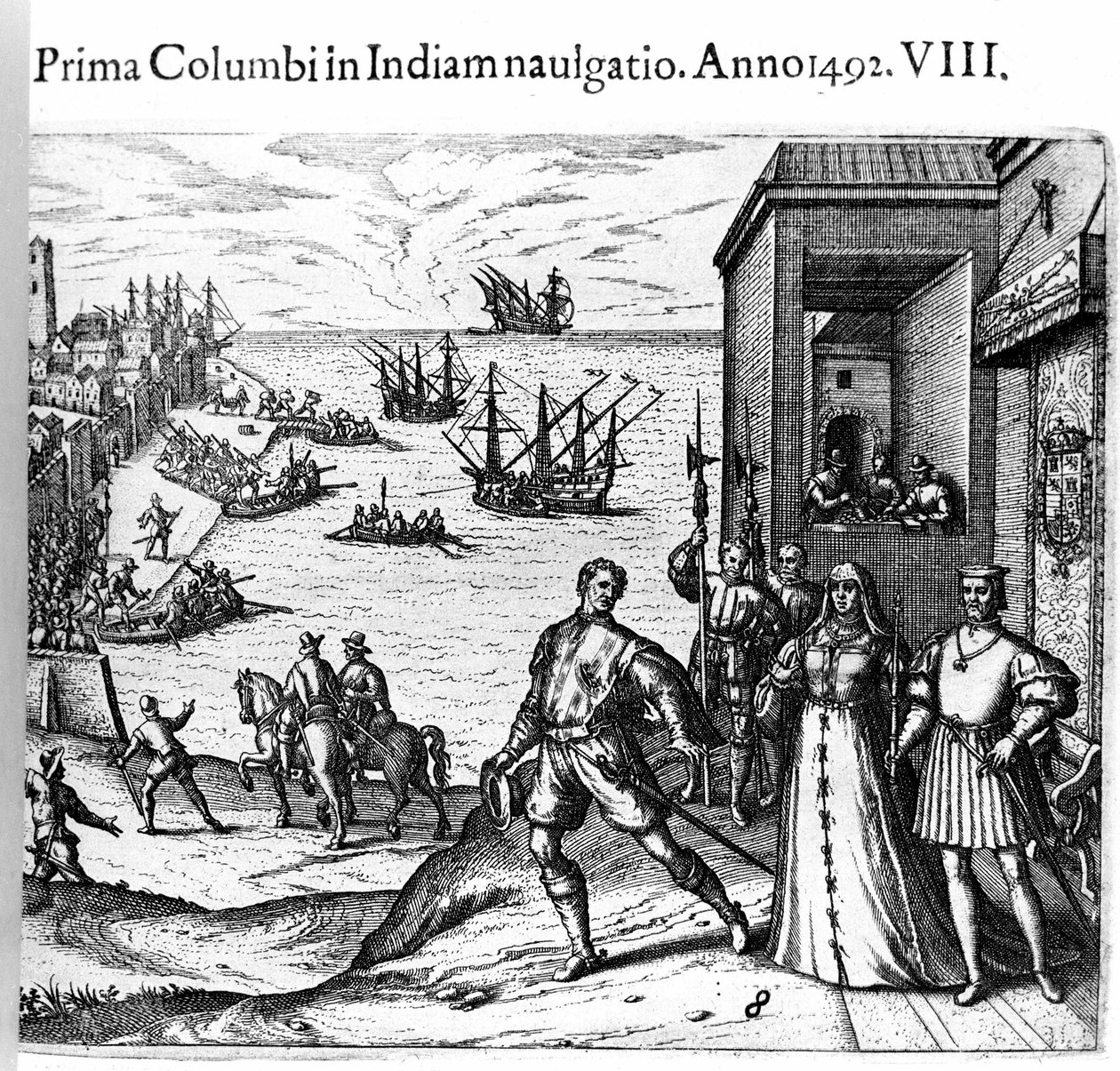 Christopher Columbus and the Pinzon brothers leaving the port of Palos in Spain on 03/08/1492 for the New World. Right The King and Queen of Portugal Catholic Ferdinand II of Aragon and Isabella I of Castile. Engraving by Theodore de Bry in Admirante by Theodore de Bry
