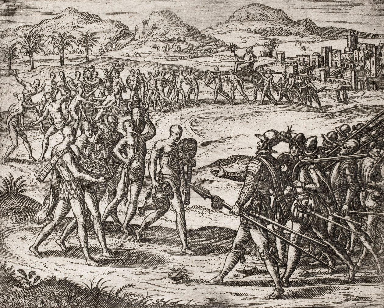 Description of crimes inflicted on Indians by Spanish settlers - Indians bringing gifts and gold to the Conquistadors - Engraving by Theodore de Bry in 