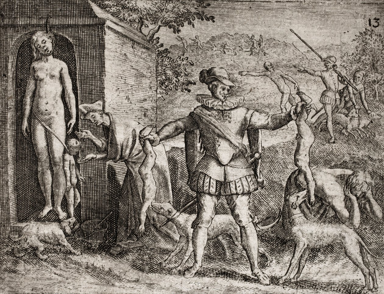 Description of crimes inflicted on Indians by Spanish settlers - Spanish Conquistadors massacring Indian women and children. Hanging. Children thrown to dogs - Engraving by Theodore de Bry in 