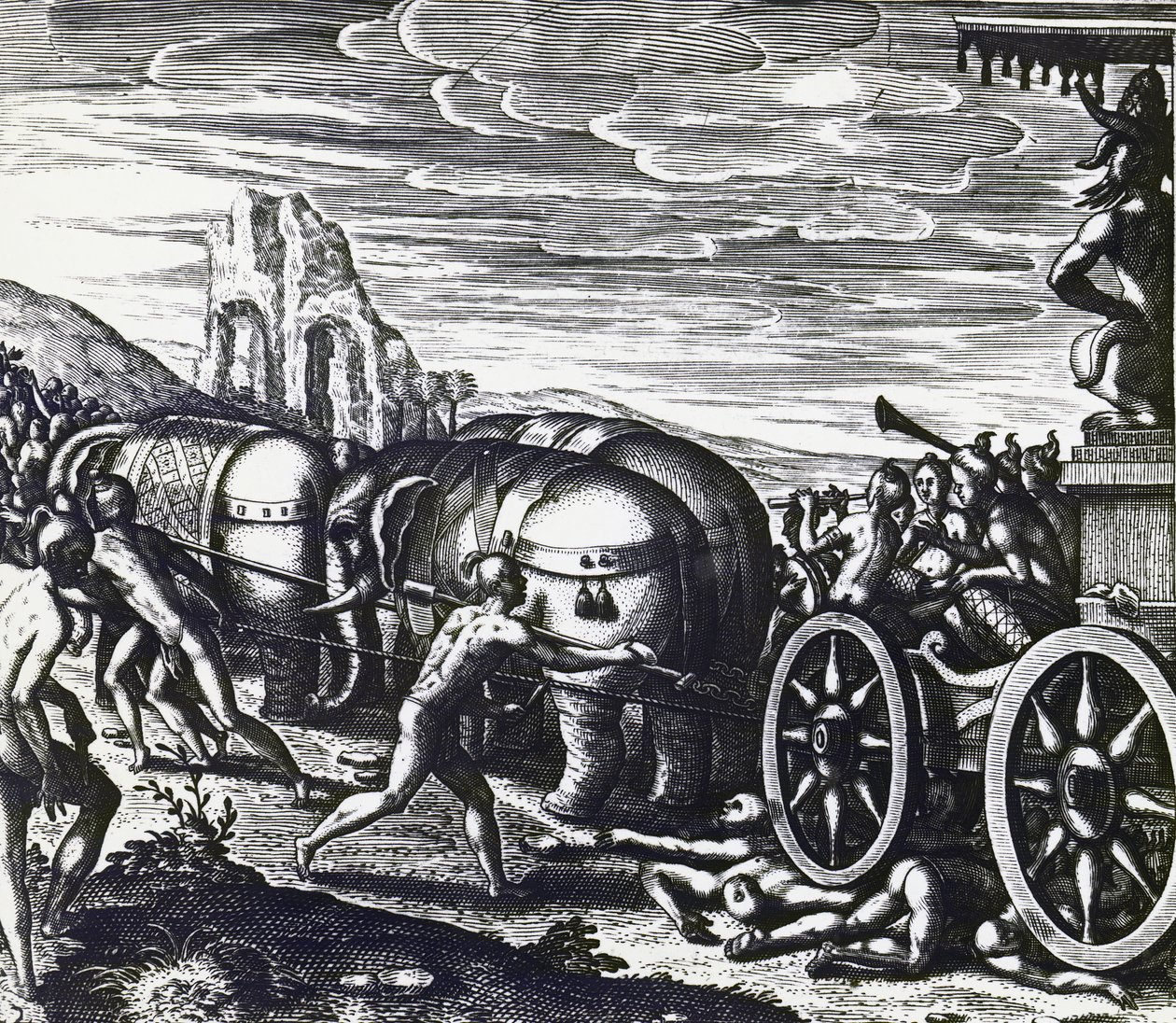 Devotees being crushed by chariot during procession of idol, engraving by Theodor de Bry by Theodore de Bry