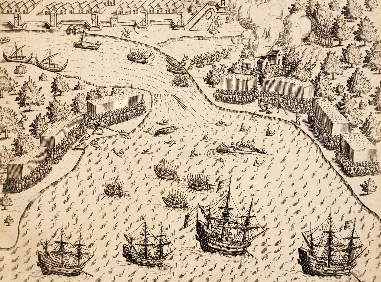 Dutch arriving at Madura Island, Java, engraving from work India Orientalis, by Theodor de Bry by Theodore de Bry
