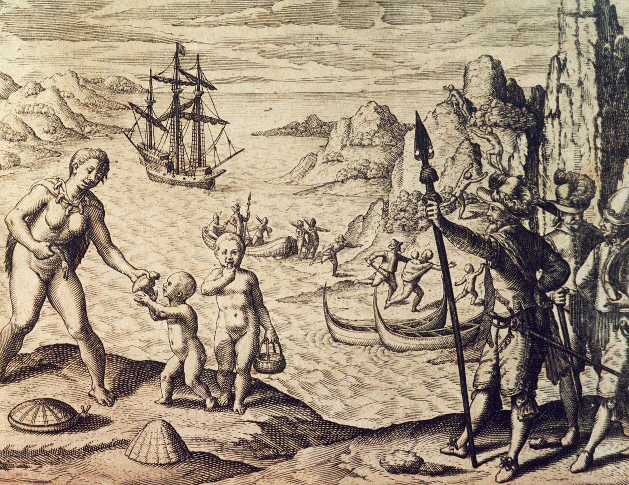 Dutch captain Sebalt de Weert landing on the coast of Guiana, from Historia americae by Theodore de Bry