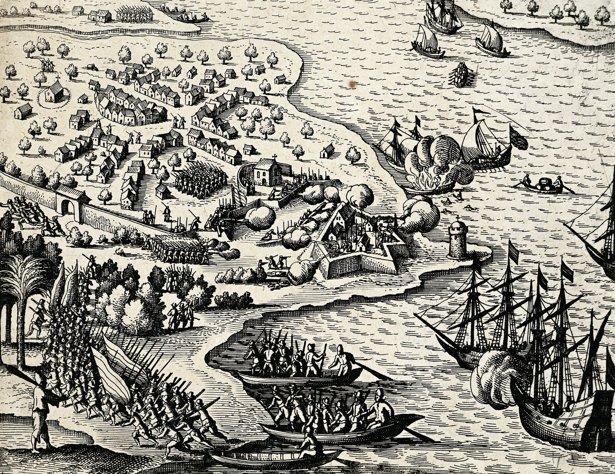 Dutch expedition along coast of Mozambique, engraving from India orientalis by Theodore de Bry