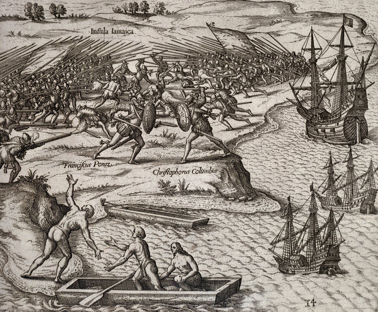 Fight Between Christopher Columbus and Francesco Poresio in Jamaica by Theodore de Bry