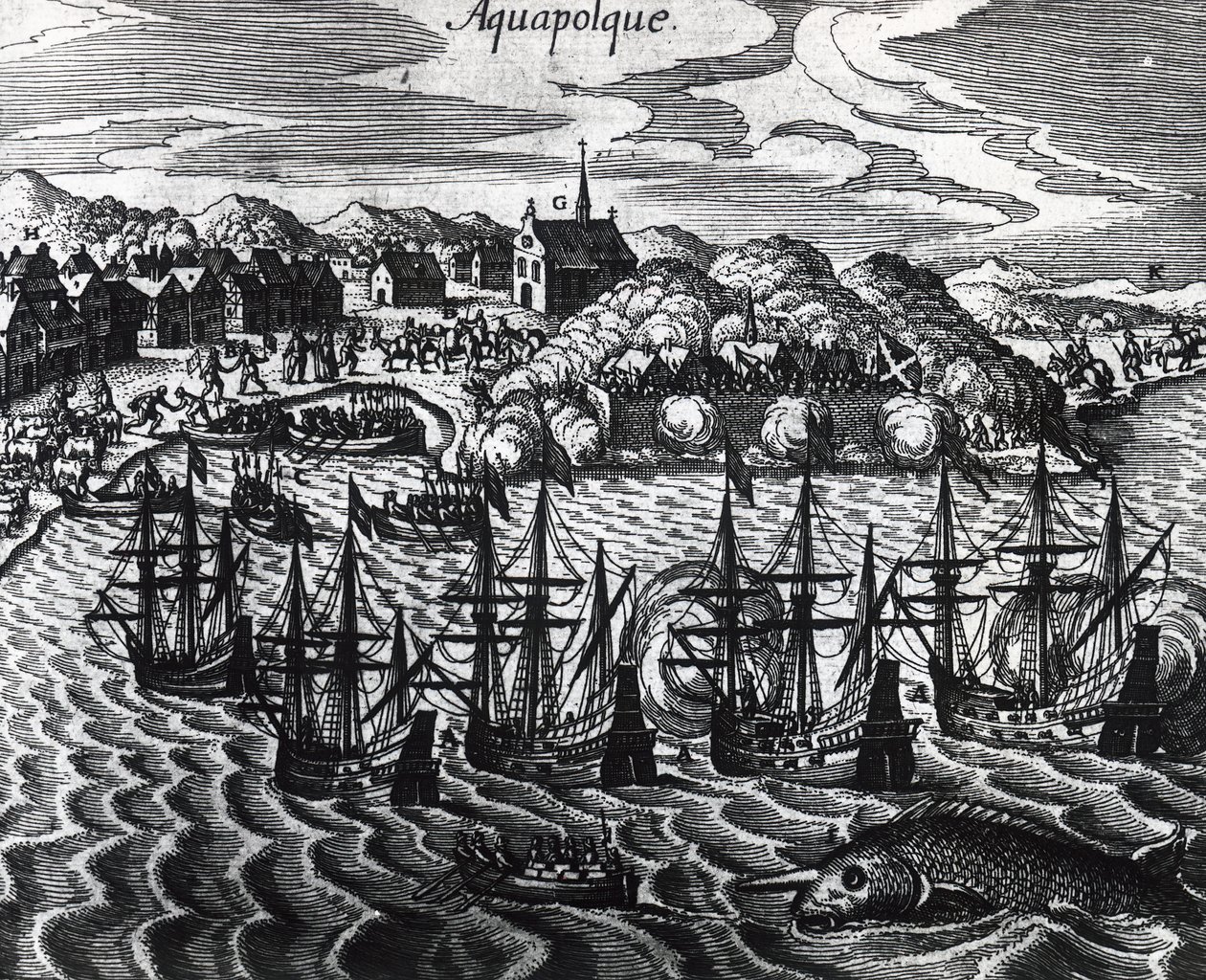 Fleet of galleons in Acapulco Port, by Theodor de Bry (1528-1598 ...