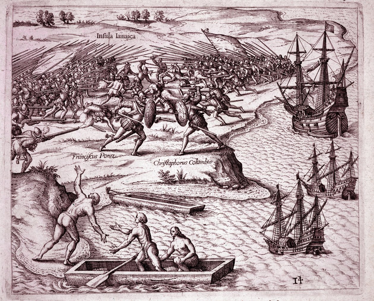 Fourth voyage of Christopher Columbus on the island of Jamaica in 1503 by Theodore de Bry