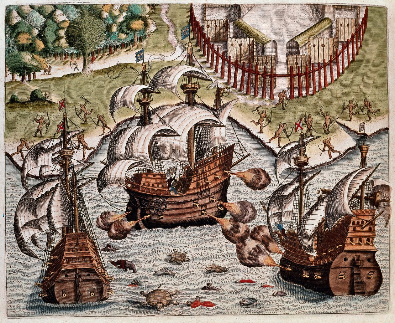 History of America: Battle between the Portuguese fleets and the French fleets off the coast of Brazil in the Potiguaran Seas. Recit of the voyages of Hans Staden, German explorer who left with the Spanish fleets to Brazil, captured by the Tupinamba by Theodore de Bry