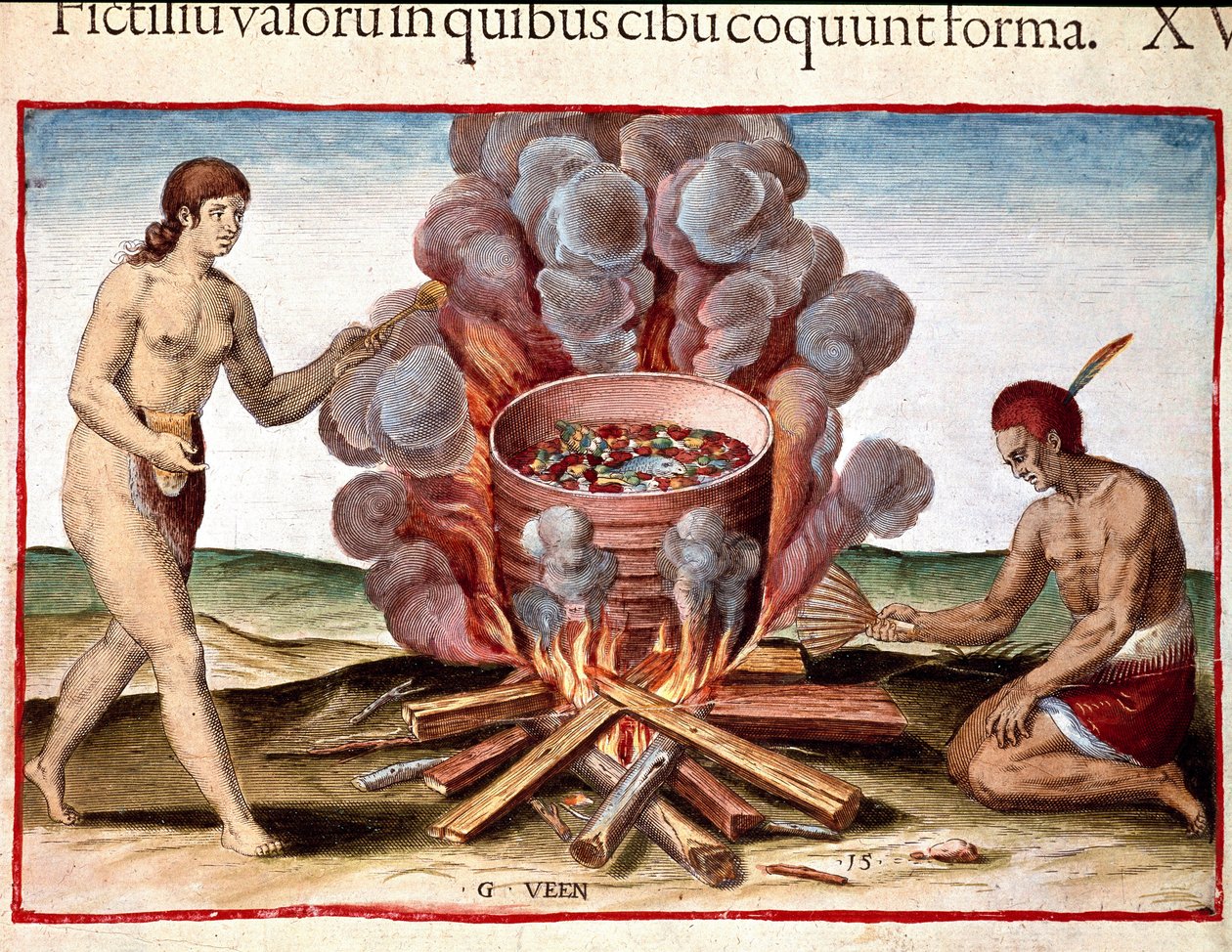 History of America: Indian cooking fish. Engraving from Admirante Narratio Americae by Theodore de Bry (1528-1598) by Theodore de Bry