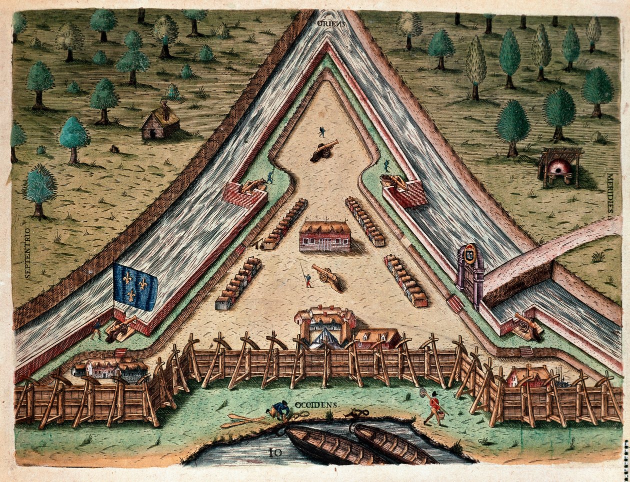 History of America: Life of Fort Carolina, Bastion of Carolina. Engraving from Admirante Narratio Americae by Theodore de Bry after a drawing by Jacques le Moyne by Theodore de Bry