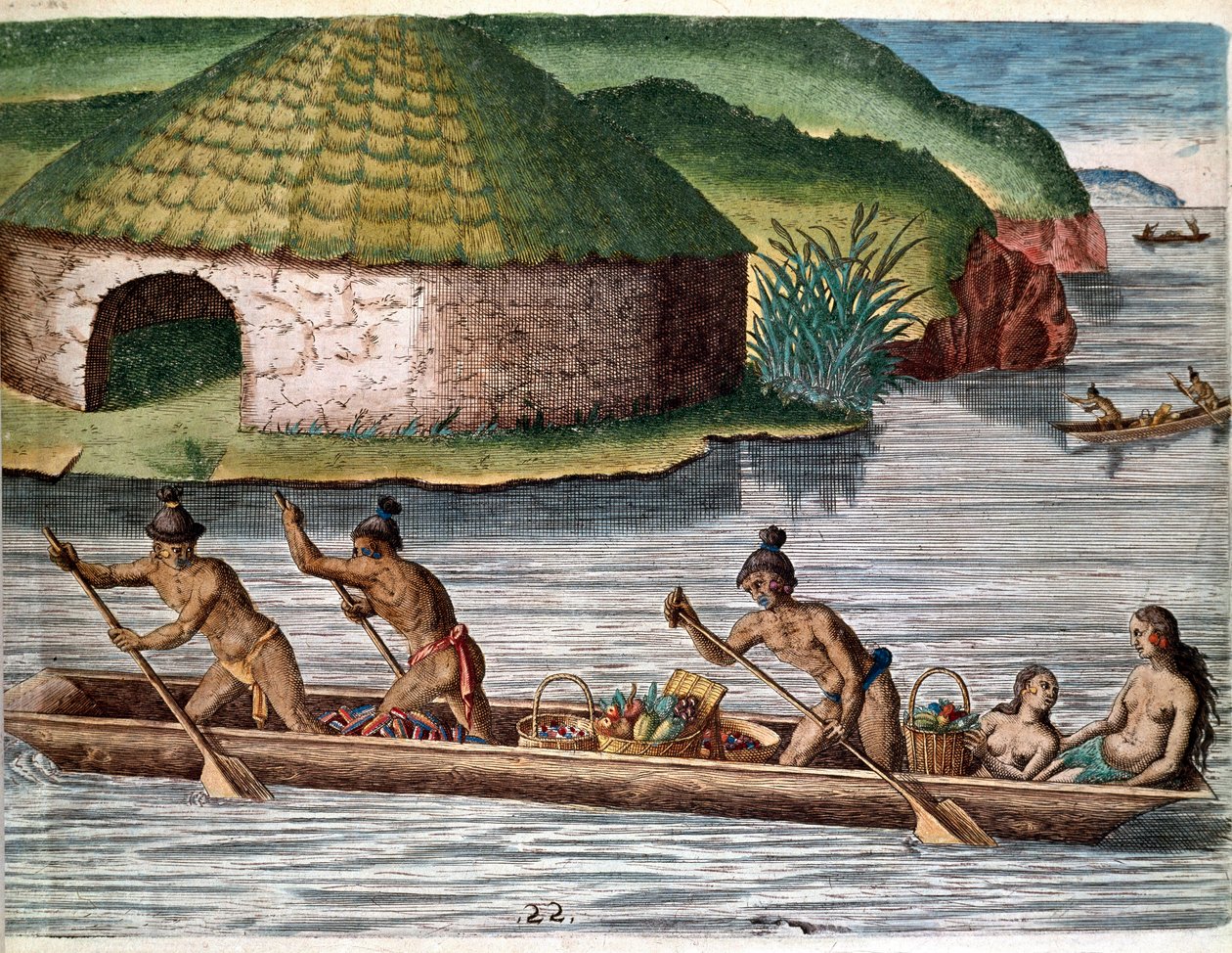 History of America: The transport of food on boats. Engraving from Admirante Narratio Americae by Theodore de Bry by Theodore de Bry