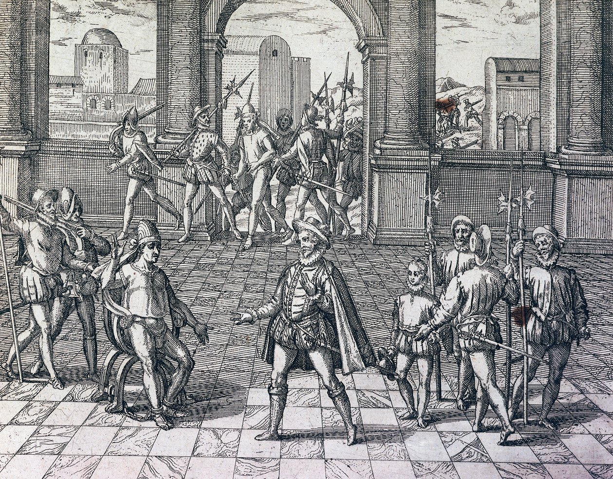 Inca Emperor Atahualpa being taken prisoner by Spaniards in Cajamarca, Peru, engraving from American History by Theodore de Bry