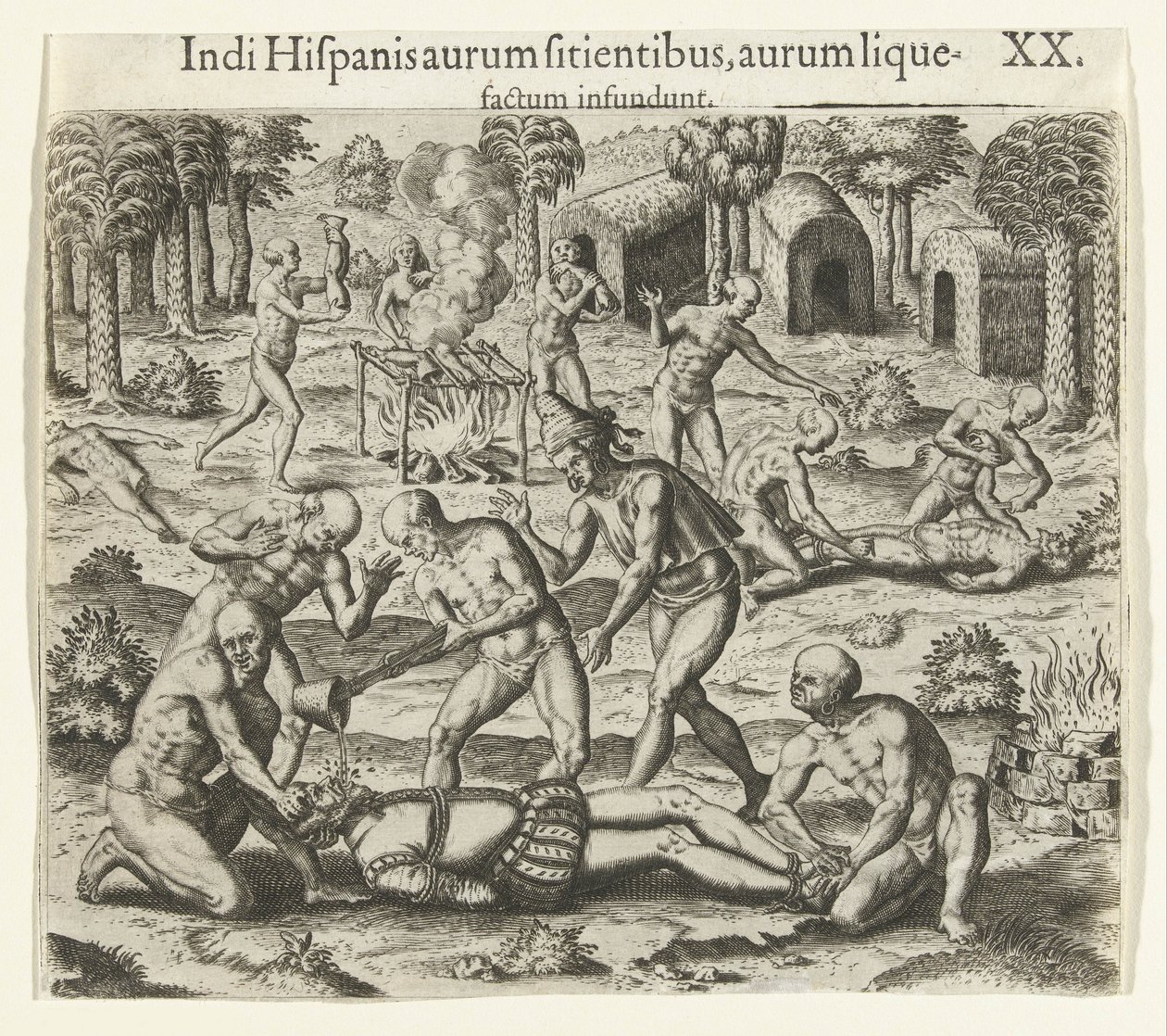Indians pour liquid gold into the mouth of a Spaniard, 1594 by Theodore de Bry