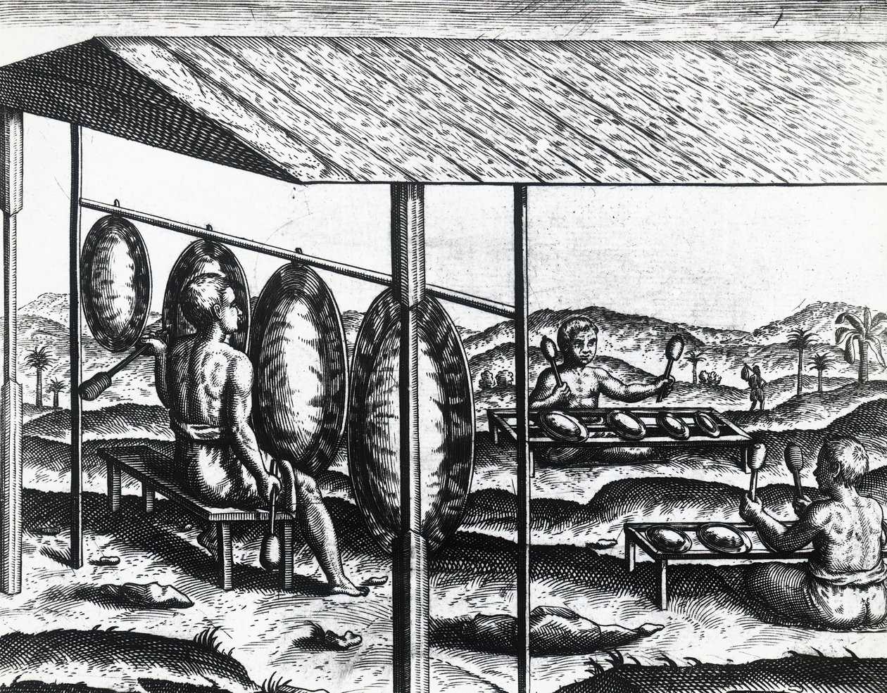 Javanese musical instruments, engraving by Theodore de Bry