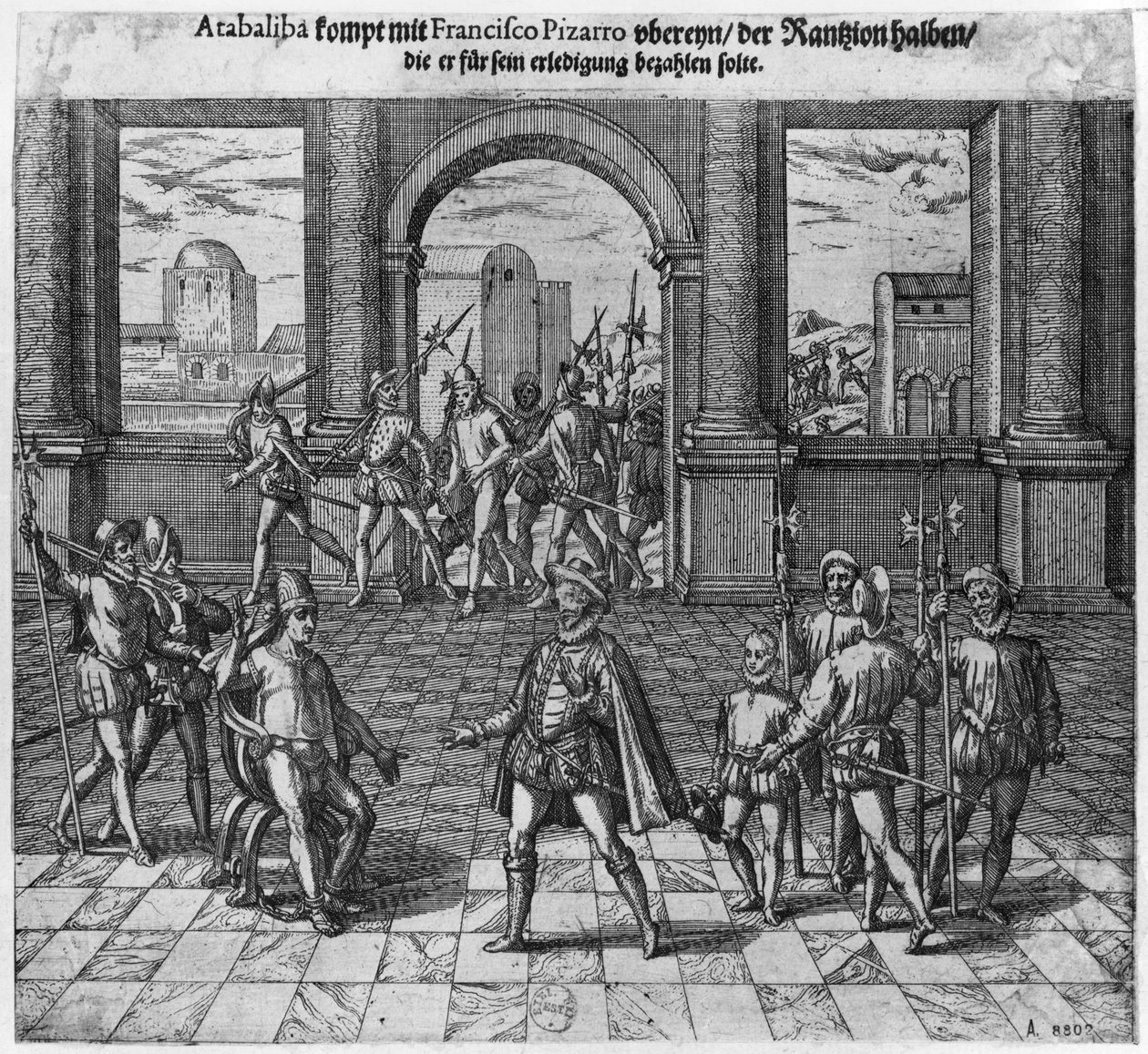 King Atahualpa (c.1502-33) treating his ransom with Francisco Pizarro, 1533 by Theodore de Bry