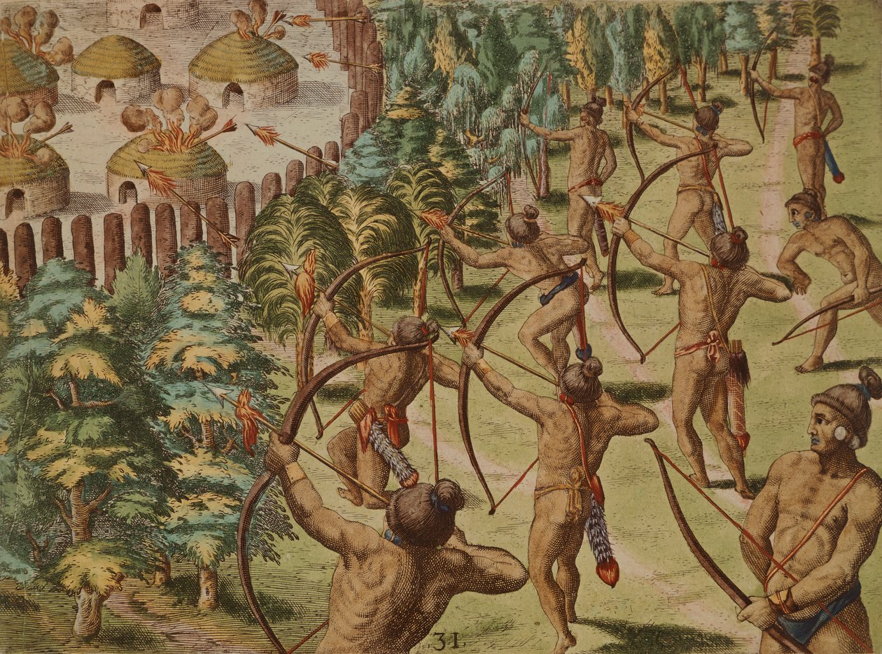 Nighttime Attack on an Indian Village with Flaming Arrows by Theodore de Bry