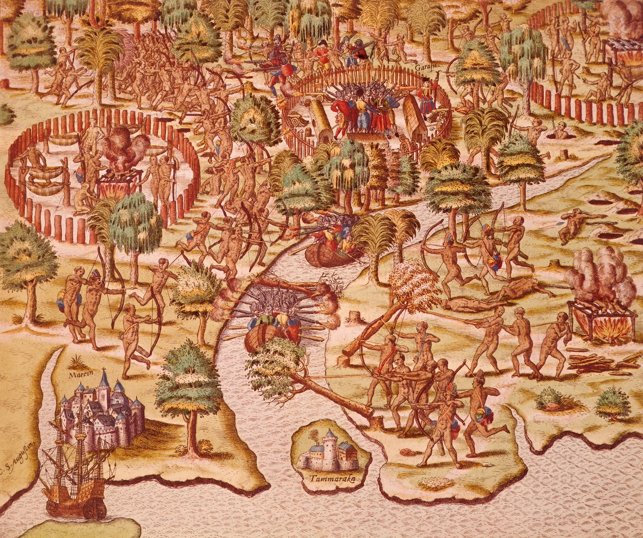 Siege and Attack Tactics in Clashes Between Natives and Conquerors by Theodore de Bry