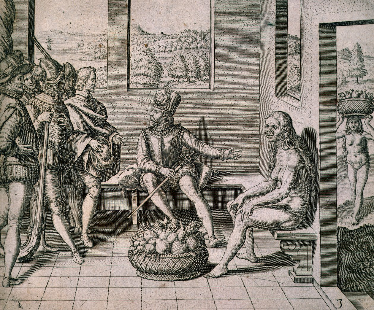 Spanish Conquerors Meeting Native Women in America by Theodore de Bry