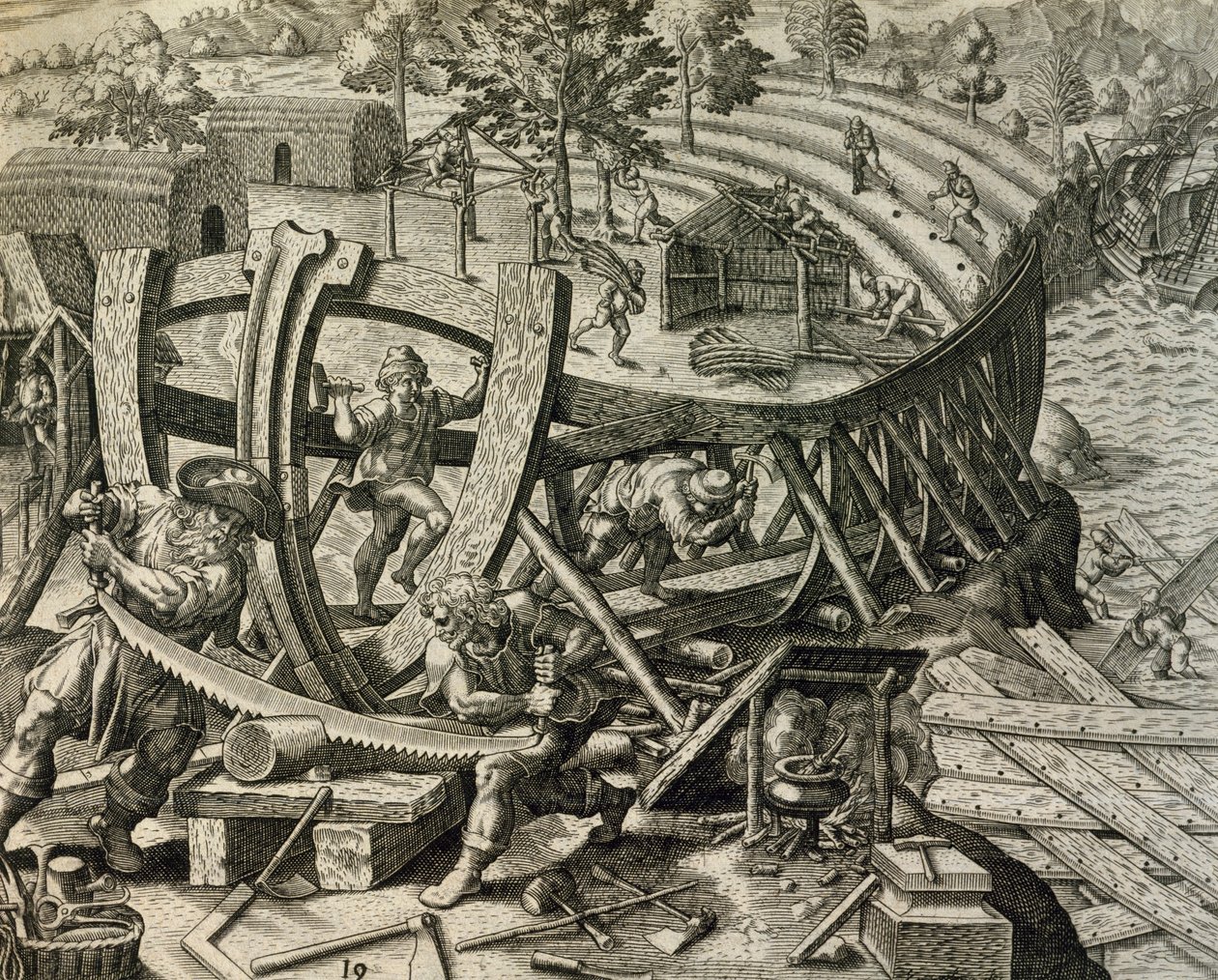Spanish Seamen Building Caravel, from Historia Americae by Theodore de Bry