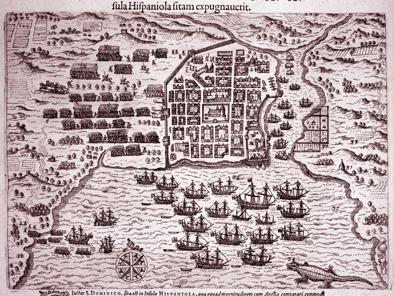 The Francis Drake fleet occupies the island of Santo Domingo (Engraving) by Theodore de Bry