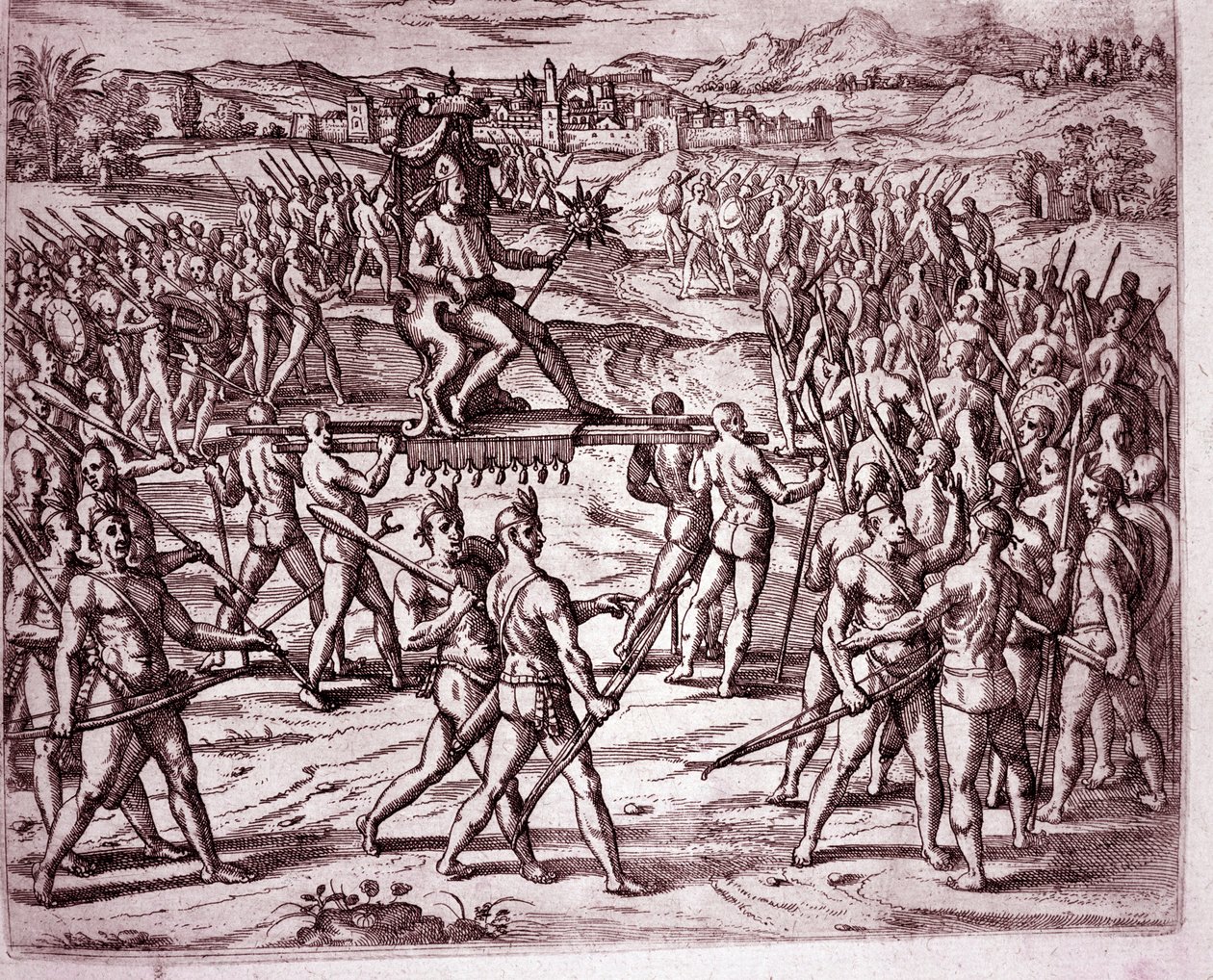 The Inca king, Atahualpa, holding a scepter in the shape of a sun, is carried on a litter to meet Francisco Pizarro (Engraving) by Theodore de Bry